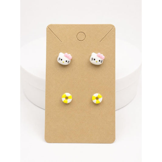 Hello Kitty Summer Stud Earrings Set | Hello Kitty Face & Life Preserver Stud Earrings | Cute Kawaii Earrings 2 Pair Set