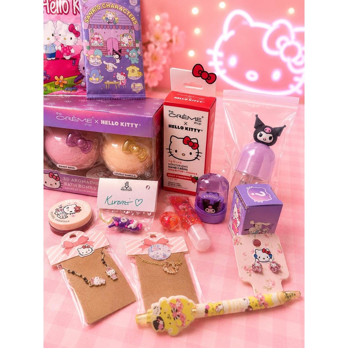 XL 16 Pc Hello Kitty Sanrio Gift Bundle | Kuromi, Pompompurin & The Crème Shop | Kawaii Gift Box | Bath Beauty, Jewelry Accessories