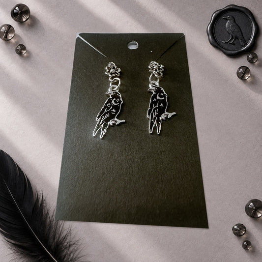 Gorgeous Witchy Goth Crow Raven Dangle Earrings With Floral Stud