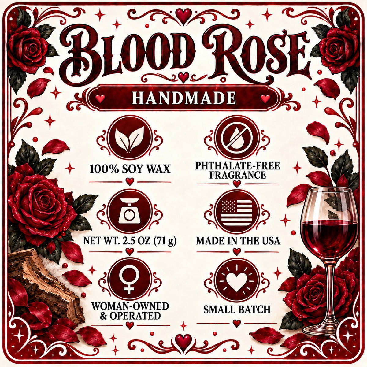 Handmade Blood Rose Soy Wax Melts Dark Rose Wine & Oud  2.5 oz