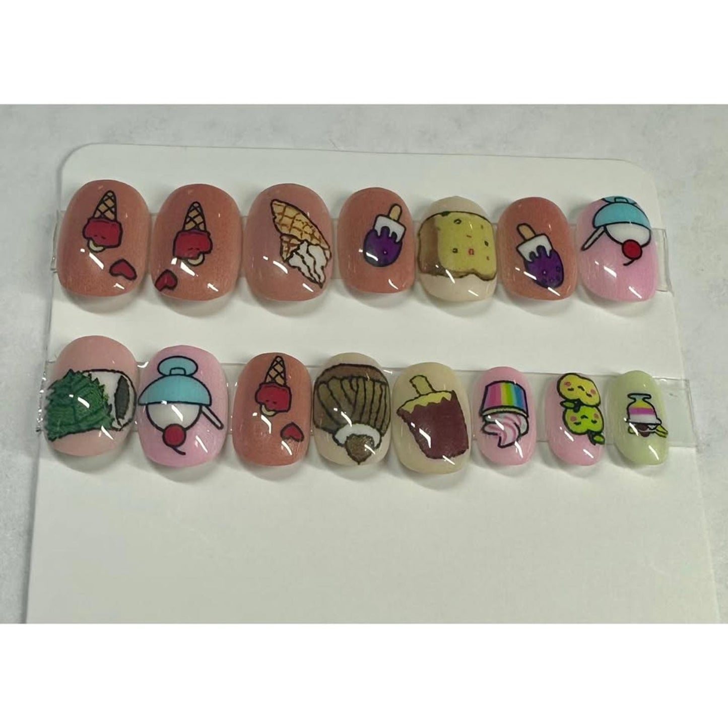 HAND CRAFTED NAIL SET OF 15 GLUE OR PRESS ON SIZE SMALL FOOD THEME