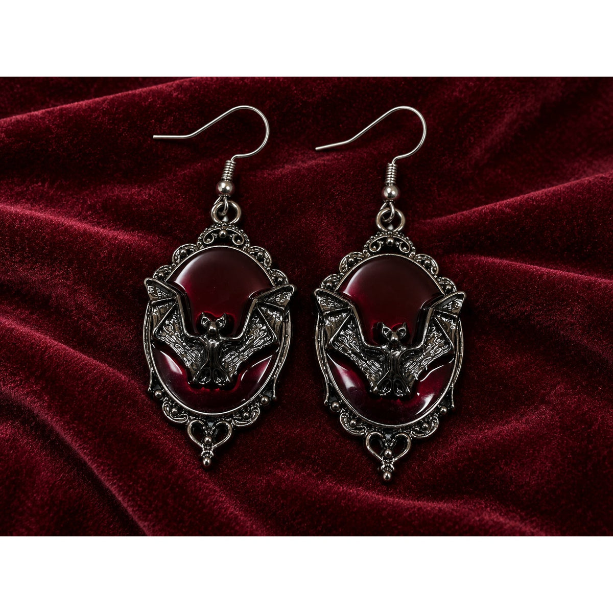 Gothic Bat Dangle Earrings | Wine Red Oval Earrings with Ornate Dark Metal Frames | Handmade Gothic Jewelry
