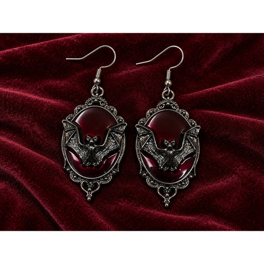 Gothic Bat Dangle Earrings | Wine Red Oval Earrings with Ornate Dark Metal Frames | Handmade Gothic Jewelry
