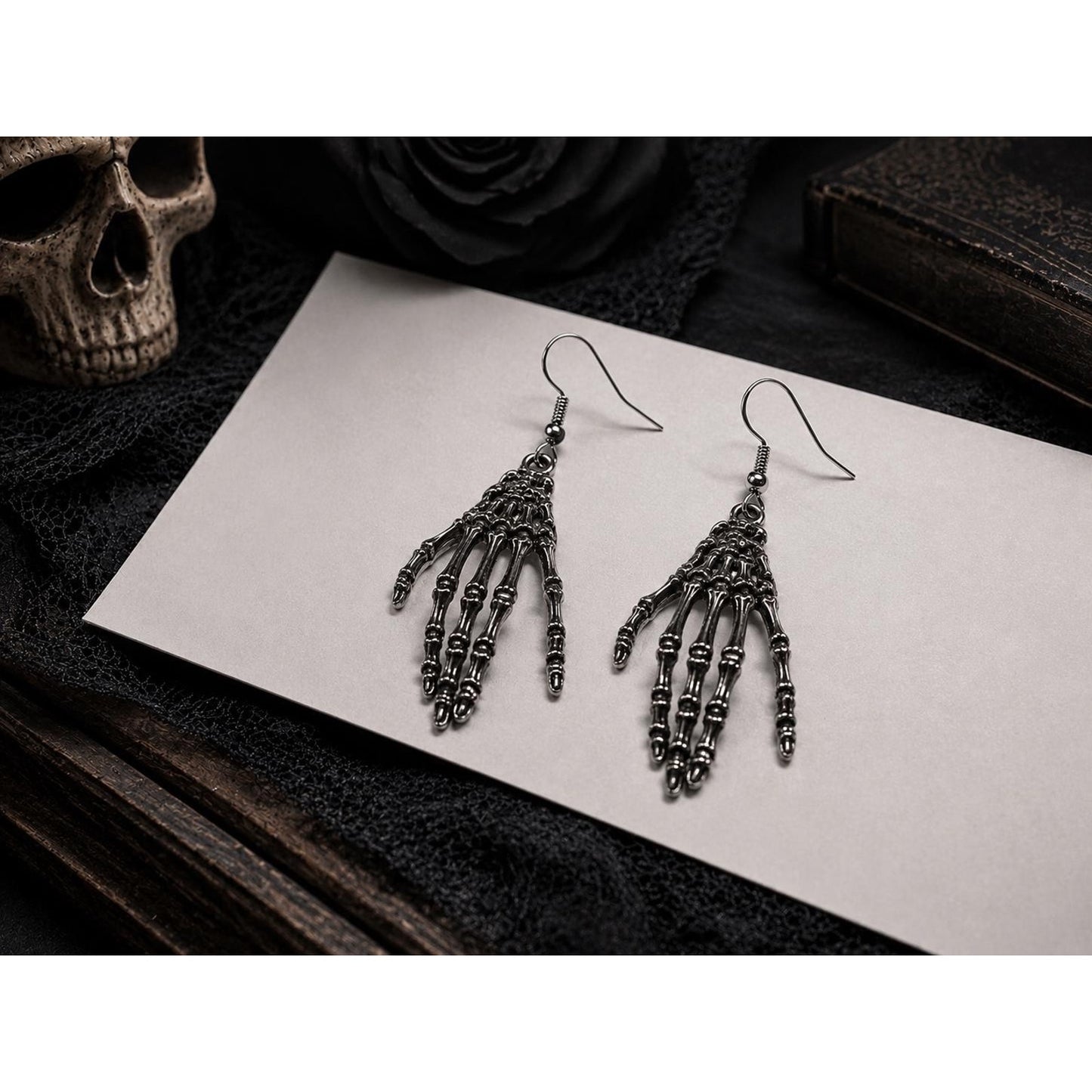 Skeleton Hand Dangle Earrings Gothic Halloween Silver Tone Spooky Jewelry