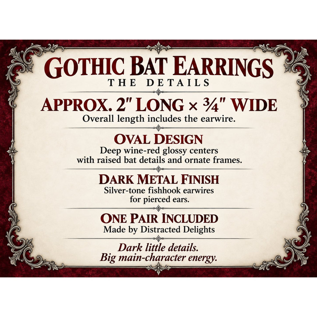 Gothic Bat Dangle Earrings | Wine Red Oval Earrings with Ornate Dark Metal Frames | Handmade Gothic Jewelry