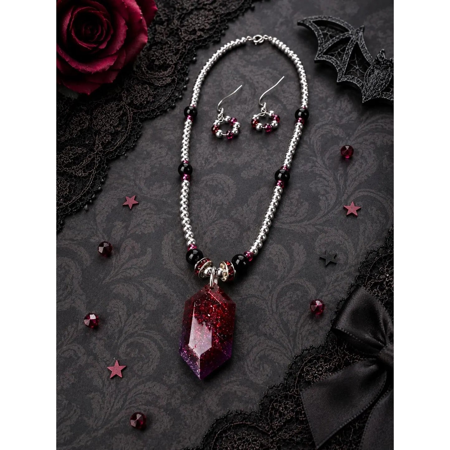 Burgundy Gothic Jewelry Set Red & Purple Resin Crystal Pendant Necklace Earrings