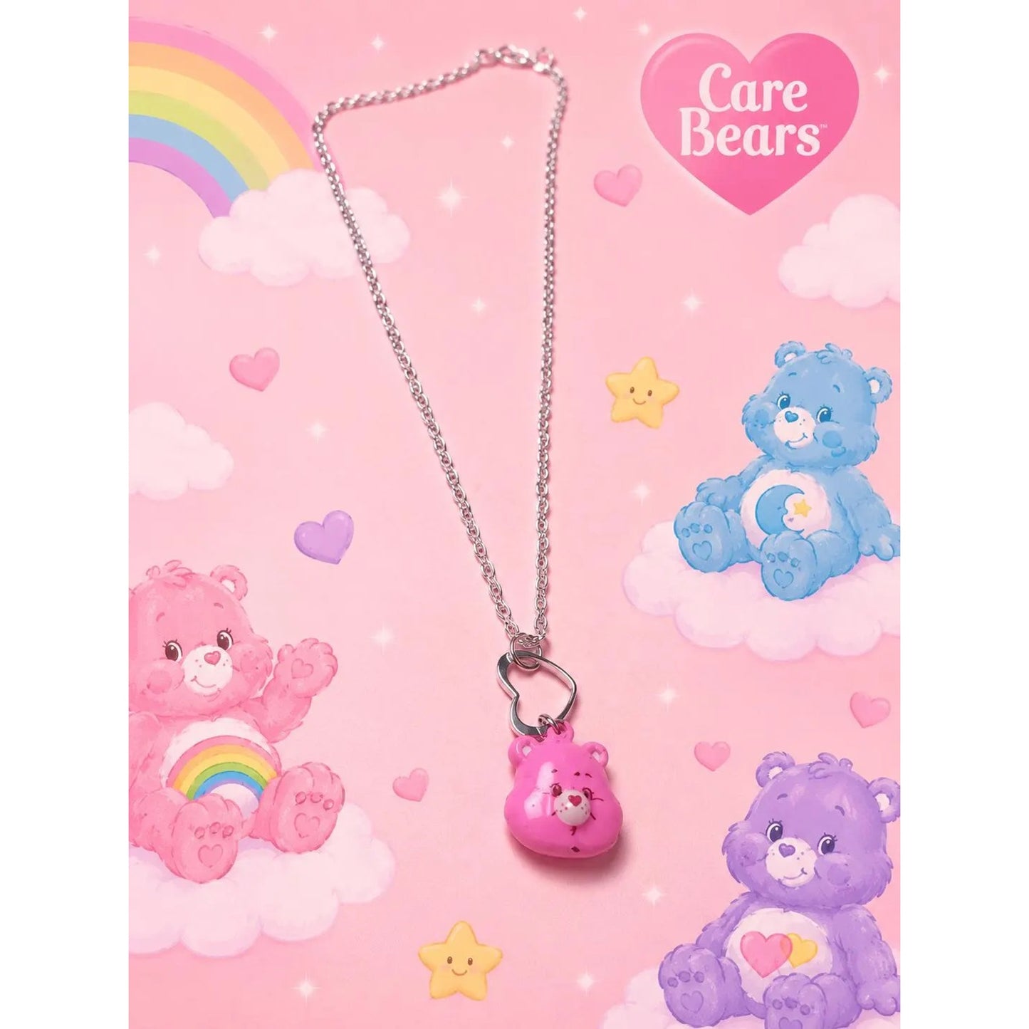 Cheer Bear Care Bear Pink Teddy Bear Necklace With Heart Design
