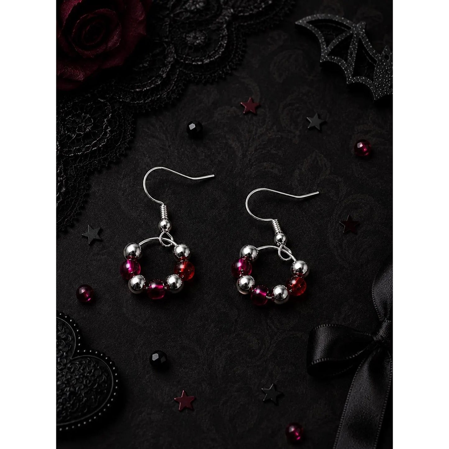 Burgundy Gothic Jewelry Set Red & Purple Resin Crystal Pendant Necklace Earrings