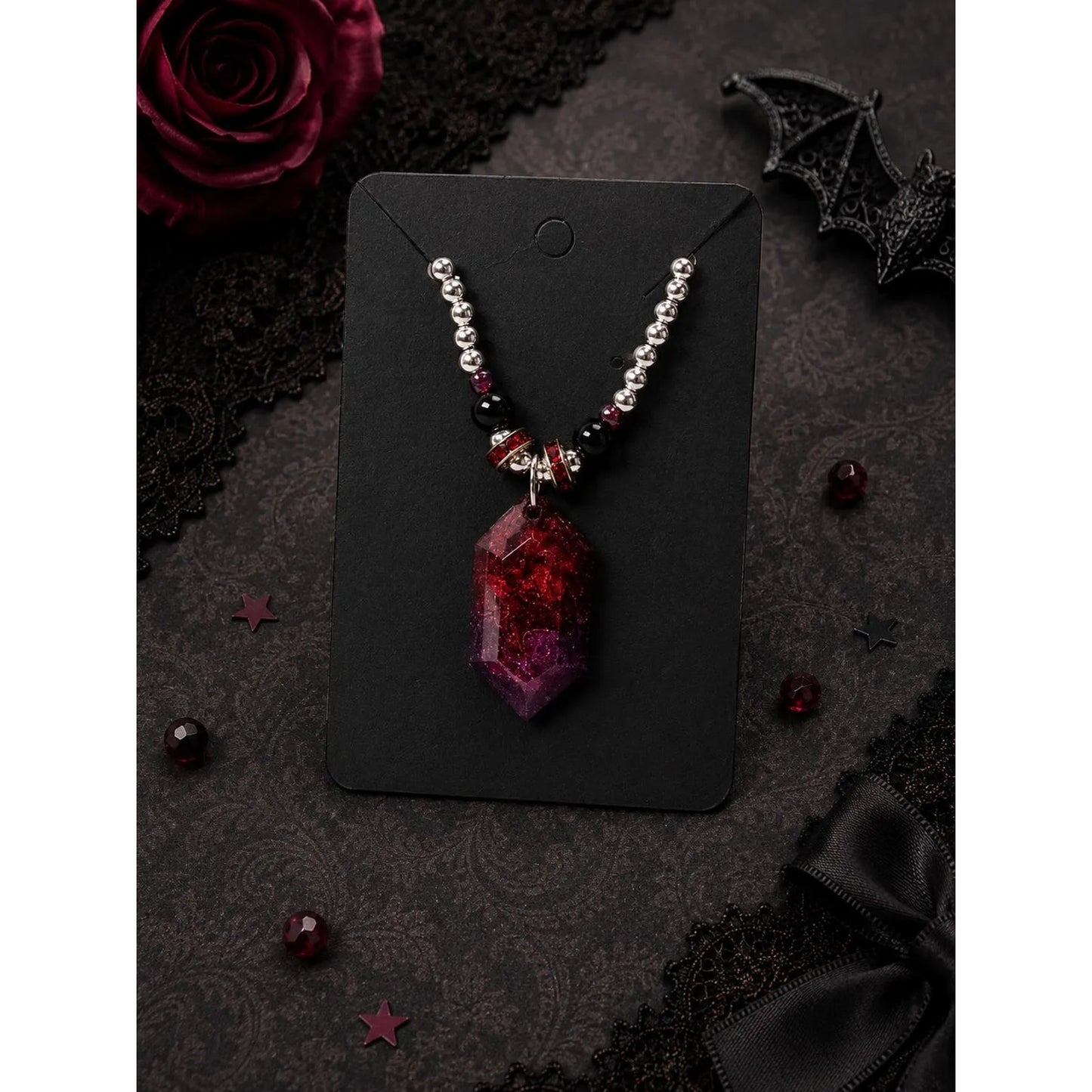 Burgundy Gothic Jewelry Set Red & Purple Resin Crystal Pendant Necklace Earrings