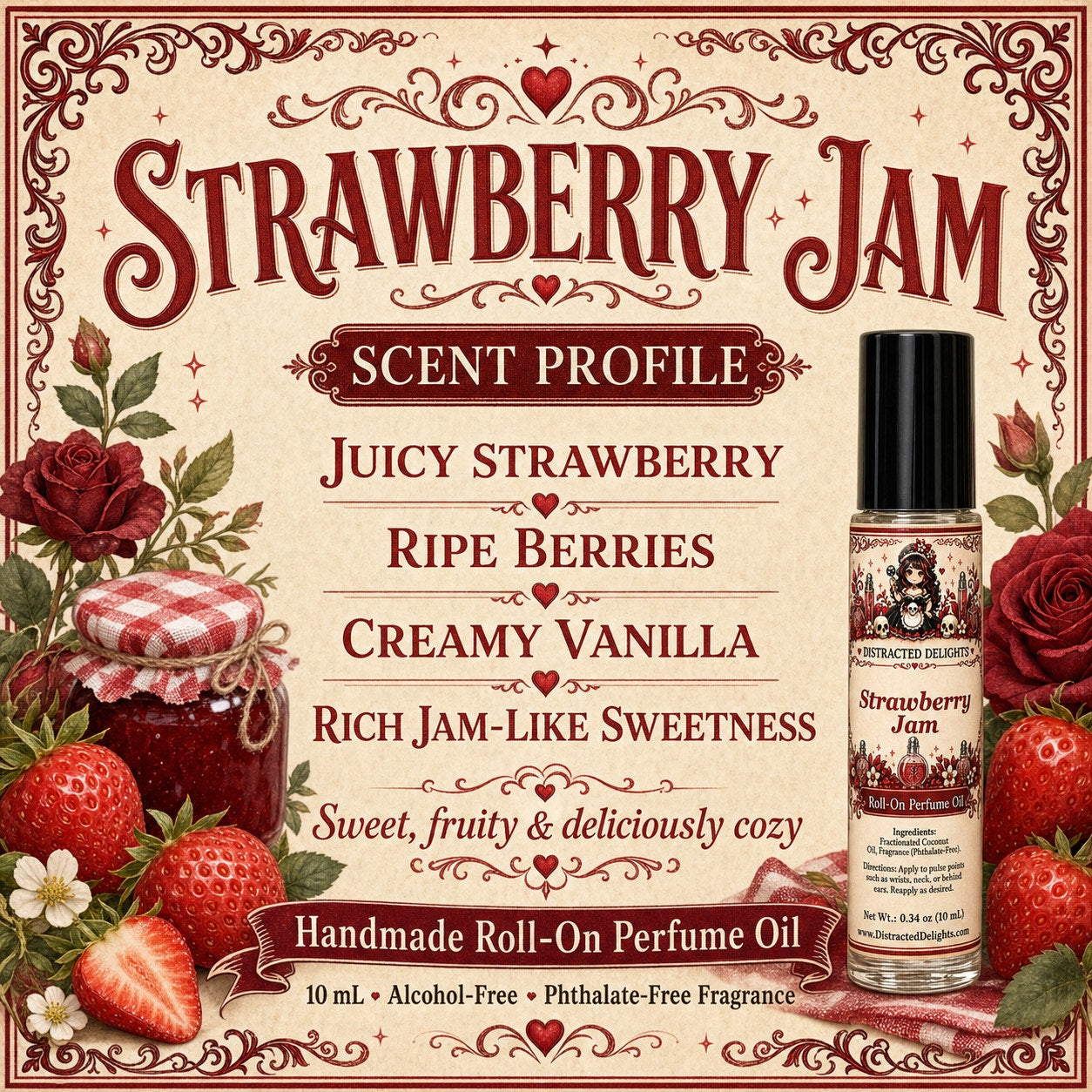 Strawberry Jam Perfume Oil Roll On, Sweet Fruity Fragrance, Gourmand Scent, 10ml