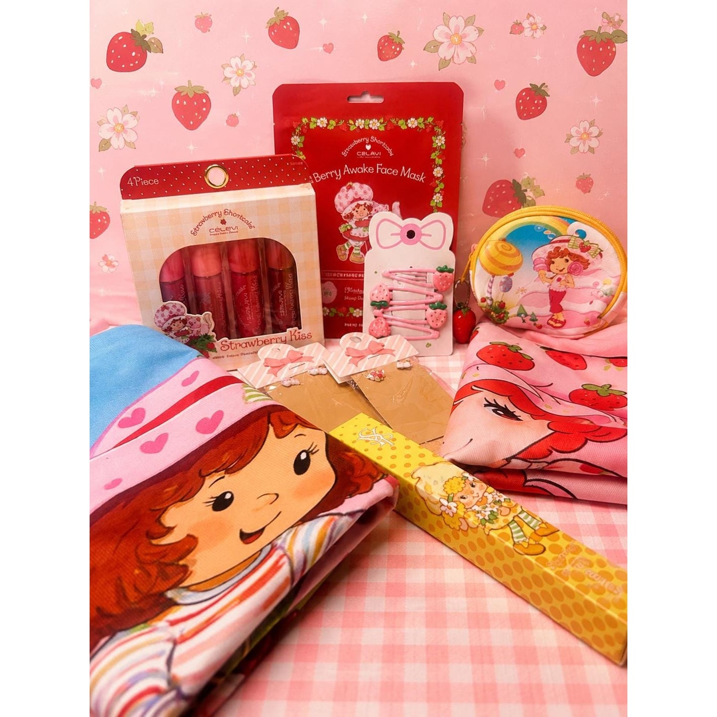 XL Strawberry Shortcake Gift Bundle 15 Piece Kawaii Gift Set Tote Bag, Pillow Cover, Lip Gloss, Perfume, Earrings, Hair Clips One of a Kind