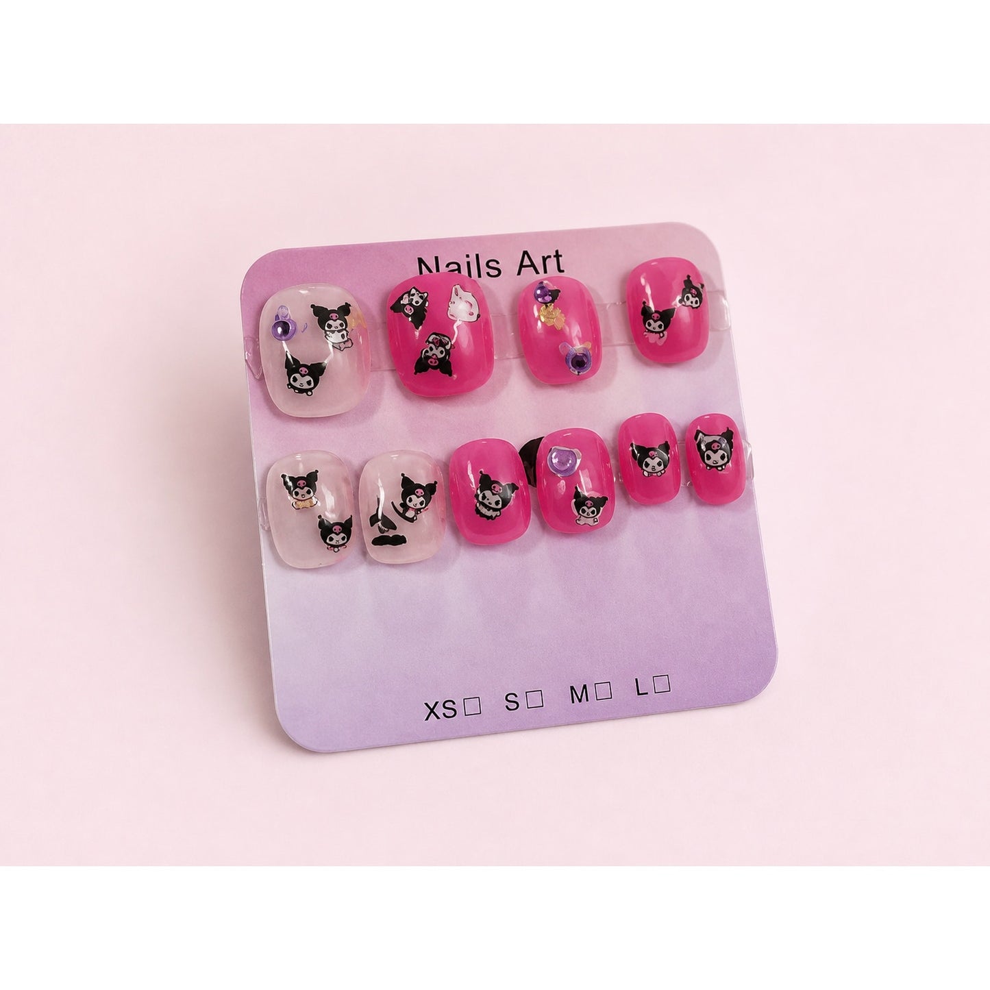 Kuromi Press On Nails – Handmade Pink Kawaii Nail Set – Medium Short Square Nails – Sanrio Inspired Nail Art