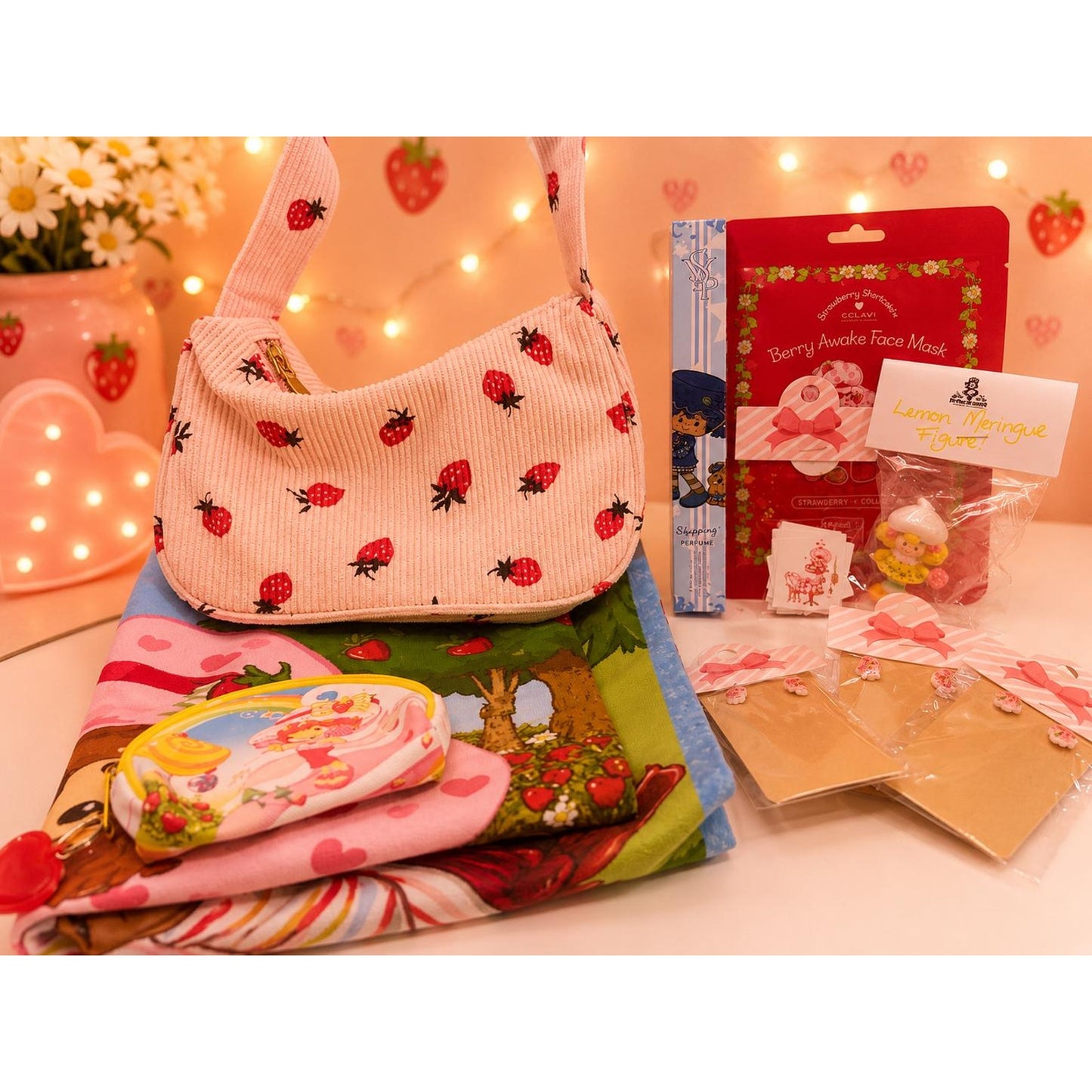 One-of-a-Kind 9-Piece Strawberry Shortcake Gift Bundle | Kawaii Gift Set | Pillowcase, Purse, Perfume, Earrings & More