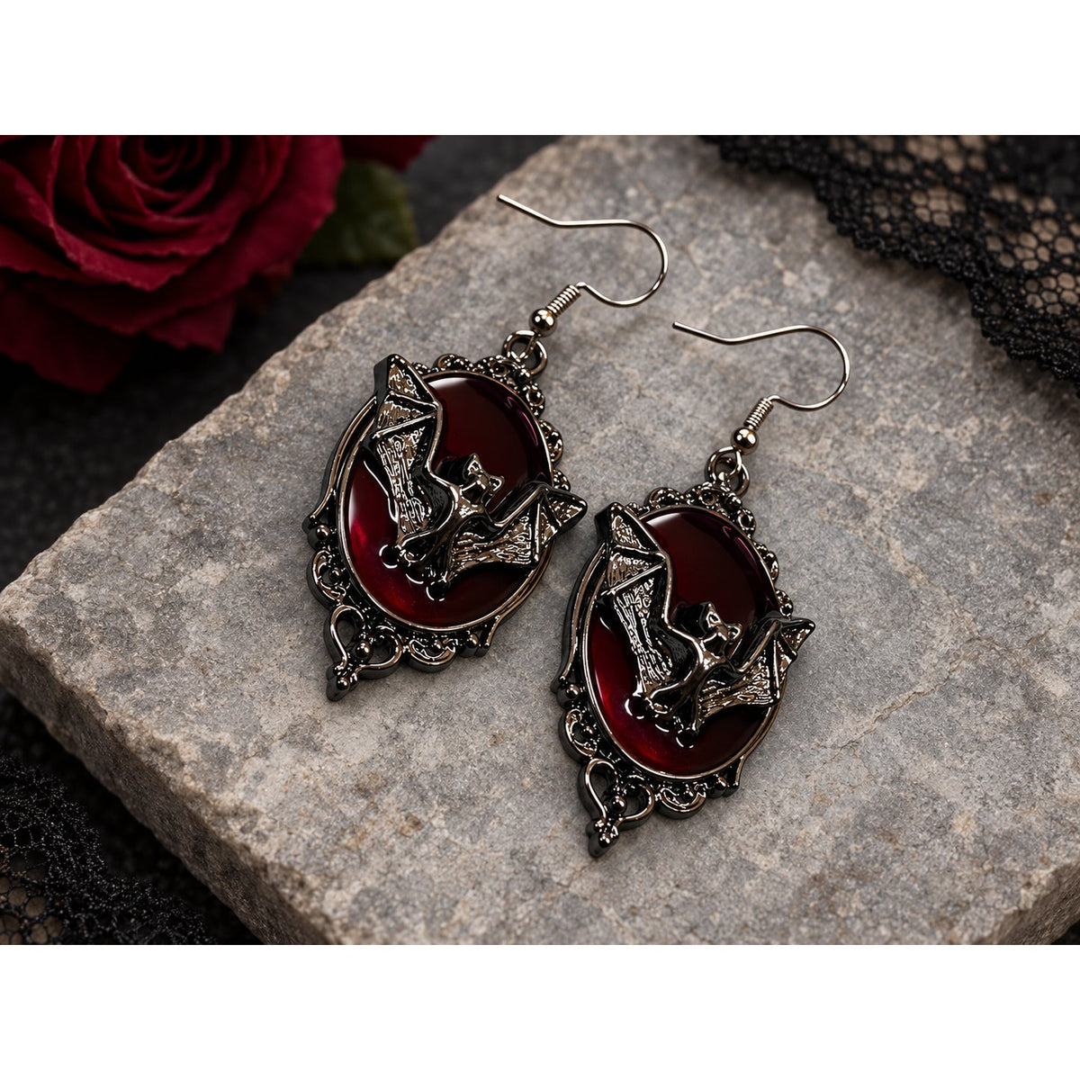 Gothic Bat Dangle Earrings | Wine Red Oval Earrings with Ornate Dark Metal Frames | Handmade Gothic Jewelry
