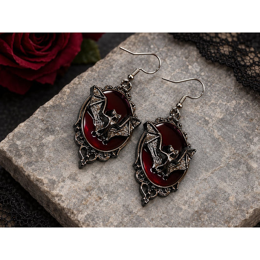 Gothic Bat Dangle Earrings | Wine Red Oval Earrings with Ornate Dark Metal Frames | Handmade Gothic Jewelry