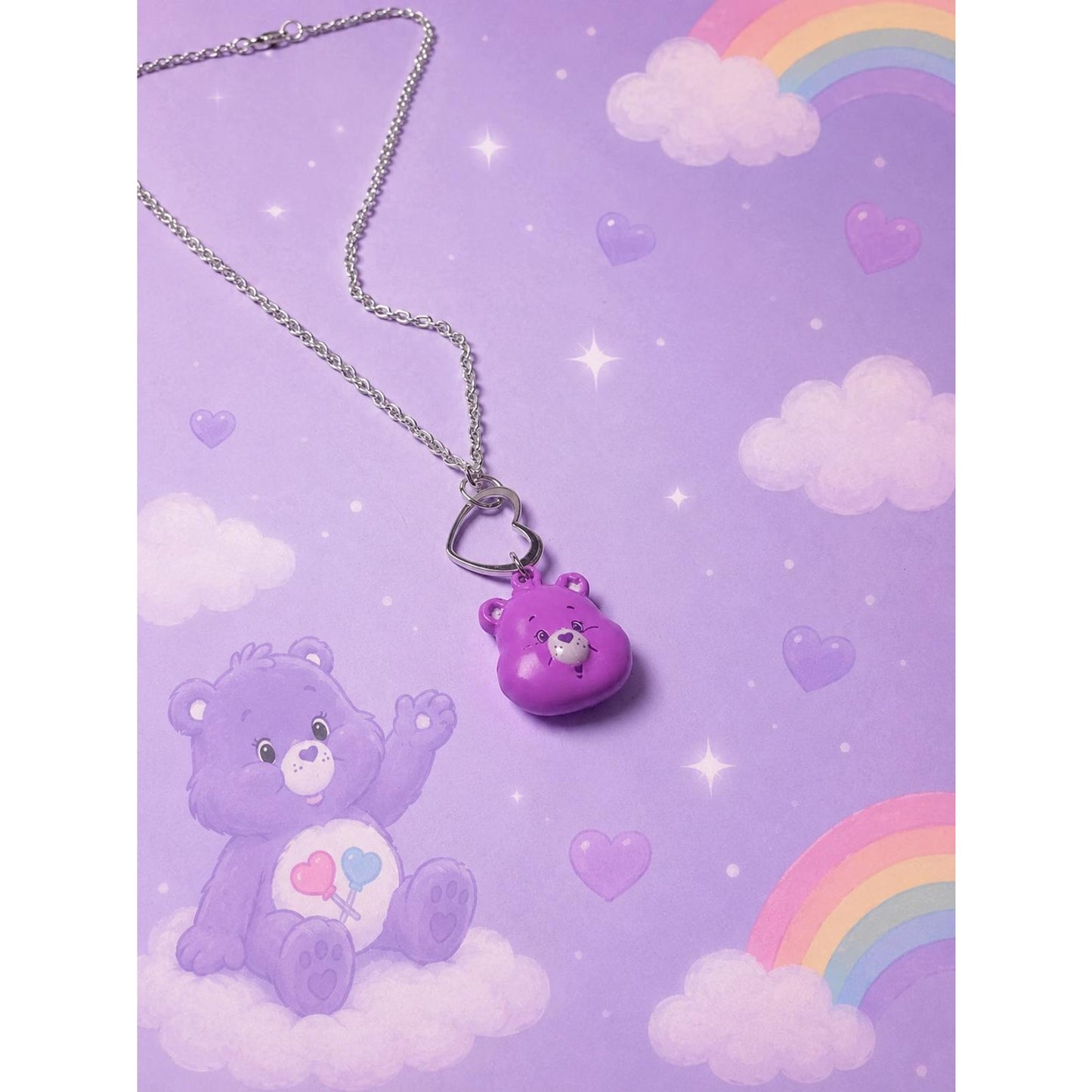Purple Cheer Bear Inspired Necklace | Handmade Kawaii Bear Pendant | Silver Tone 18” Necklace | Heart Pendant | Cute Resin Jewelry