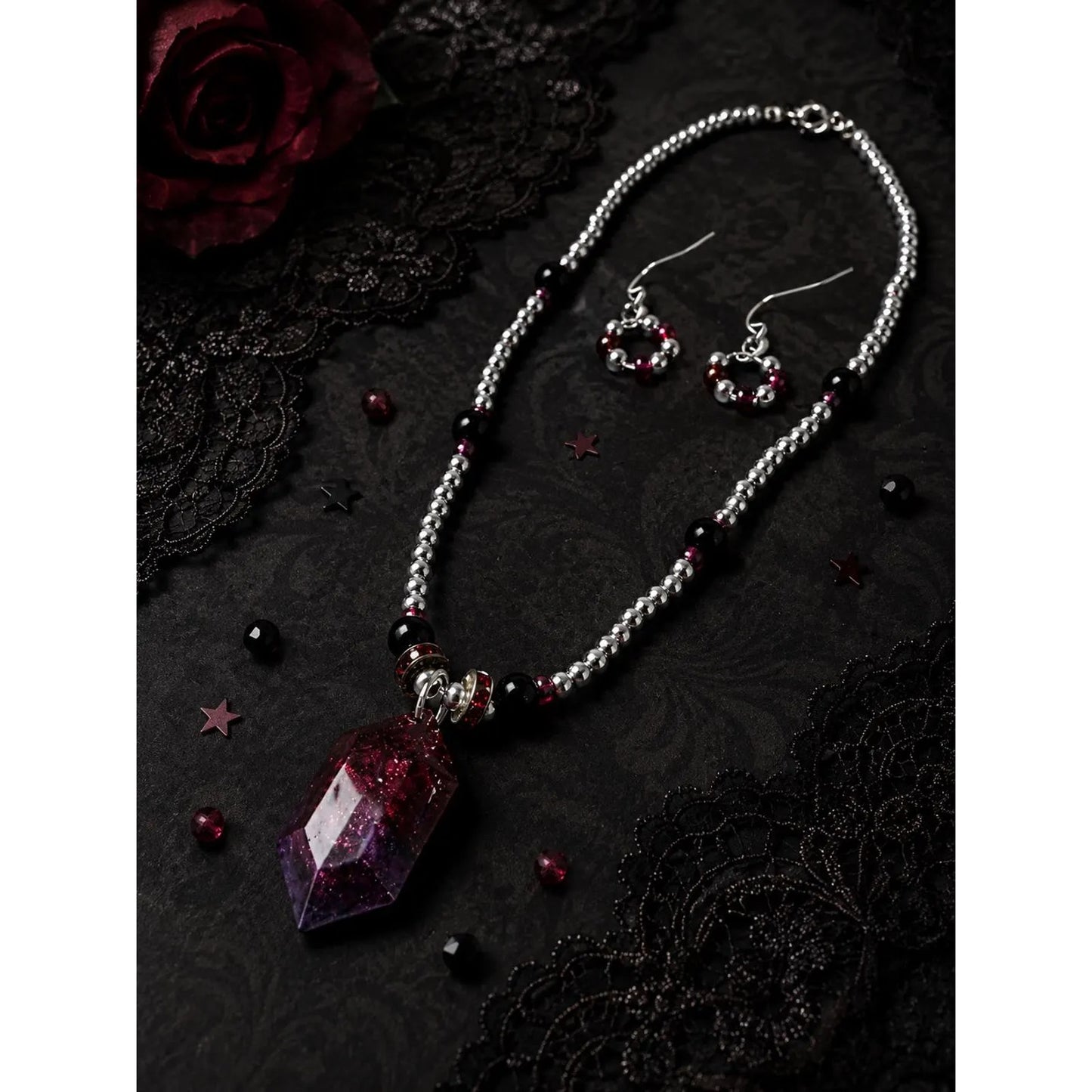 Burgundy Gothic Jewelry Set Red & Purple Resin Crystal Pendant Necklace Earrings