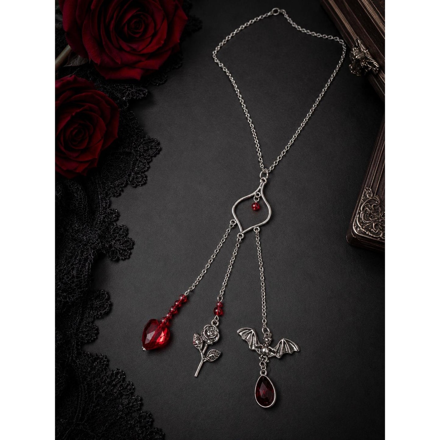 Handmade Gothic Triple Dangle Necklace | Silver Tone Heart Pendant with Bat, Rose & Red Crystal Charms | Dark Romantic Jewelry Gift
