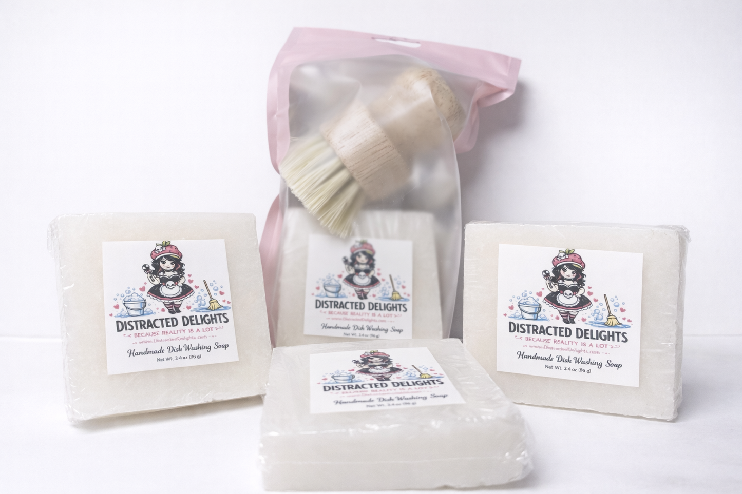 Dish Soap Bar & Bamboo Brush Set – Eco Friendly Solid Dish Soap for Grease Cutting Cleaning