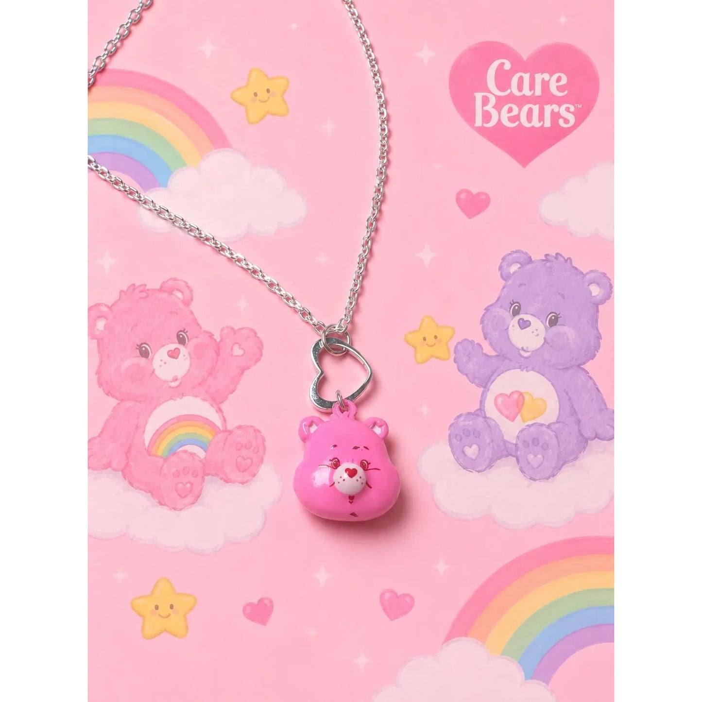 Cheer Bear Care Bear Pink Teddy Bear Necklace With Heart Design
