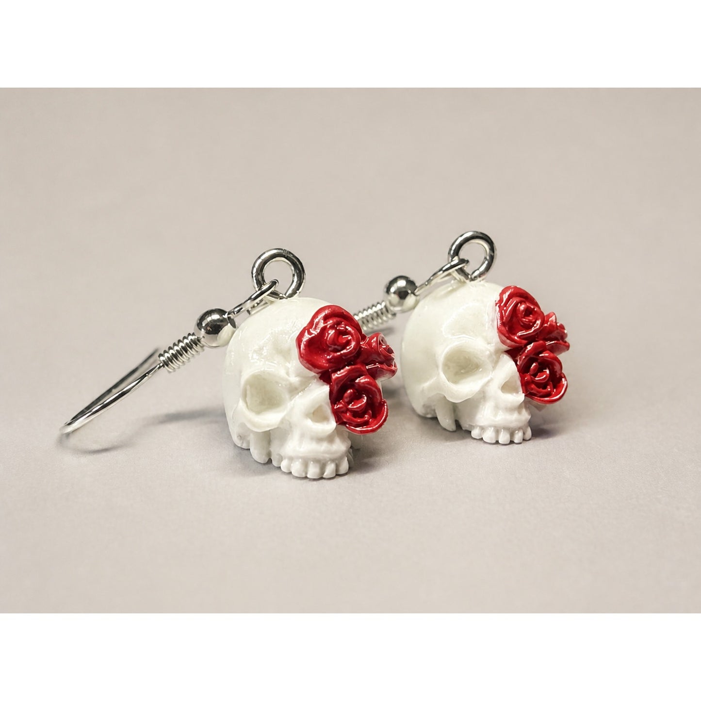 Handmade Skull & Red Rose Dangle Earrings