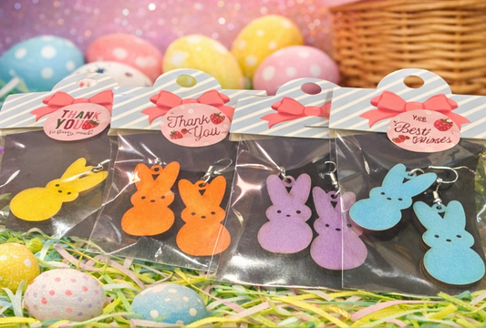 Easter Bunny Spring Peeps Earrings Set of 6 – Wooden Marshmallow Bunny Dangle Earrings