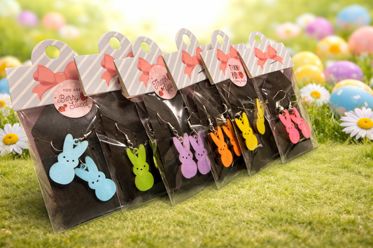 Easter Bunny Spring Peeps Earrings Set of 6 – Wooden Marshmallow Bunny Dangle Earrings