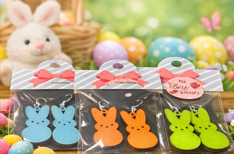 Easter Bunny Spring Peeps Earrings Set of 6 – Wooden Marshmallow Bunny Dangle Earrings