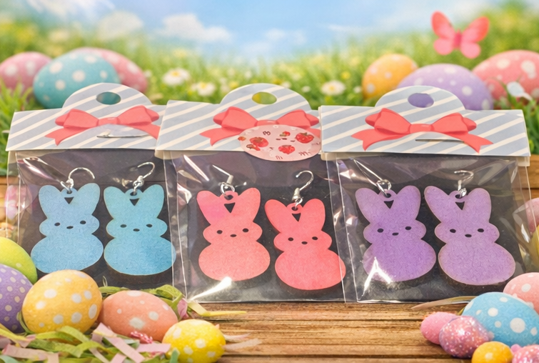 Easter Bunny Spring Peeps Earrings Set of 6 – Wooden Marshmallow Bunny Dangle Earrings
