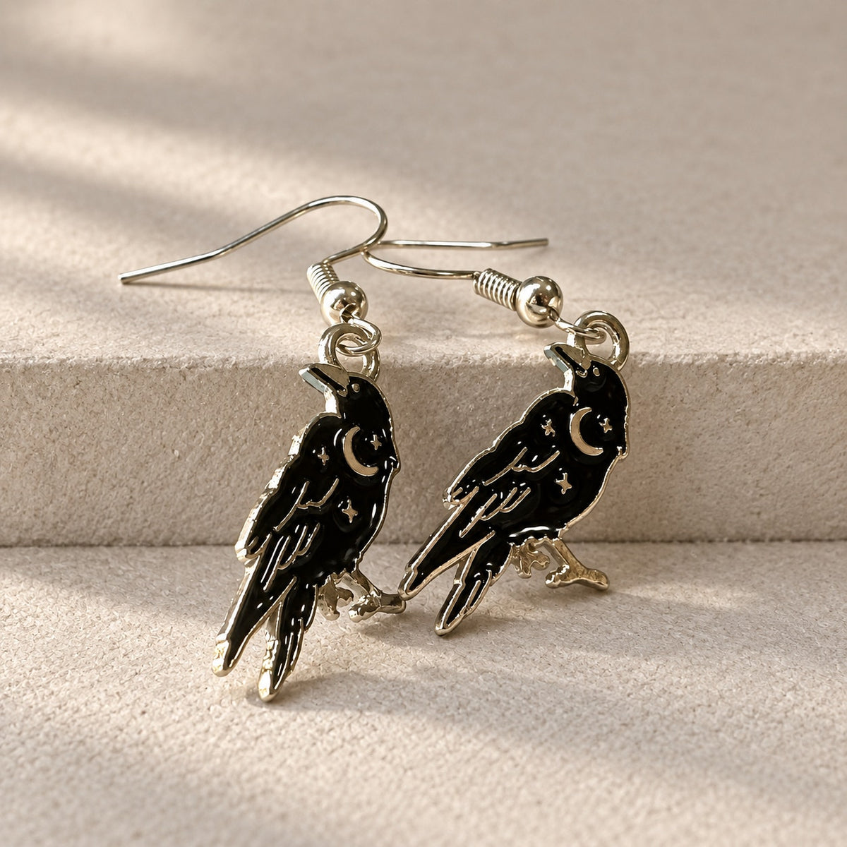 Gothic Witchy Crow Raven Dangle French Wire Earrings
