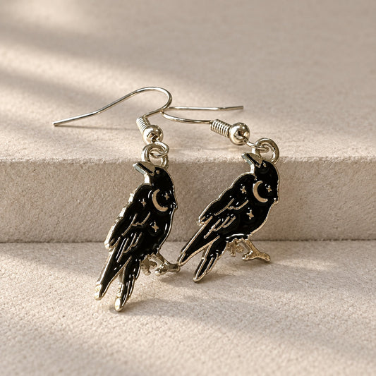 Gothic Witchy Crow Raven Dangle French Wire Earrings