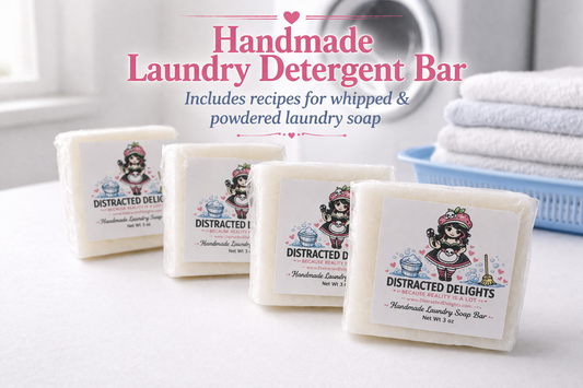 Handmade laundry detergent bars by Distracted Delights in a clean, minimal laundry setting