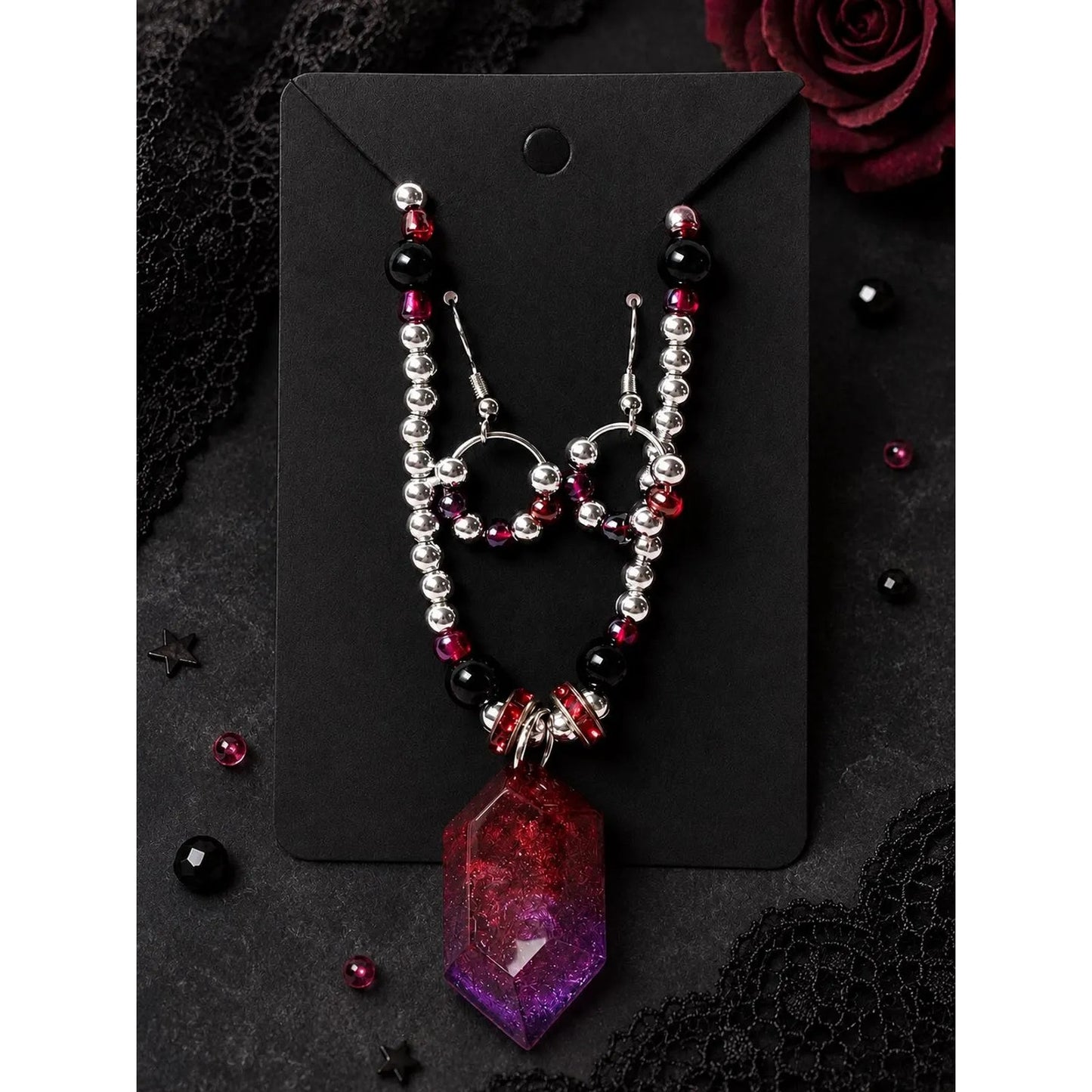 Burgundy Gothic Jewelry Set Red & Purple Resin Crystal Pendant Necklace Earrings