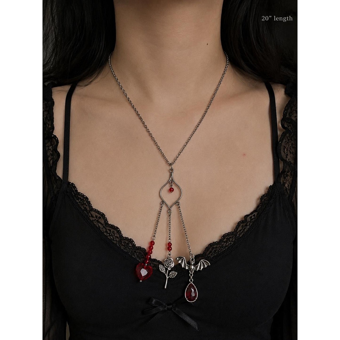 Handmade Gothic Triple Dangle Necklace | Silver Tone Heart Pendant with Bat, Rose & Red Crystal Charms | Dark Romantic Jewelry Gift