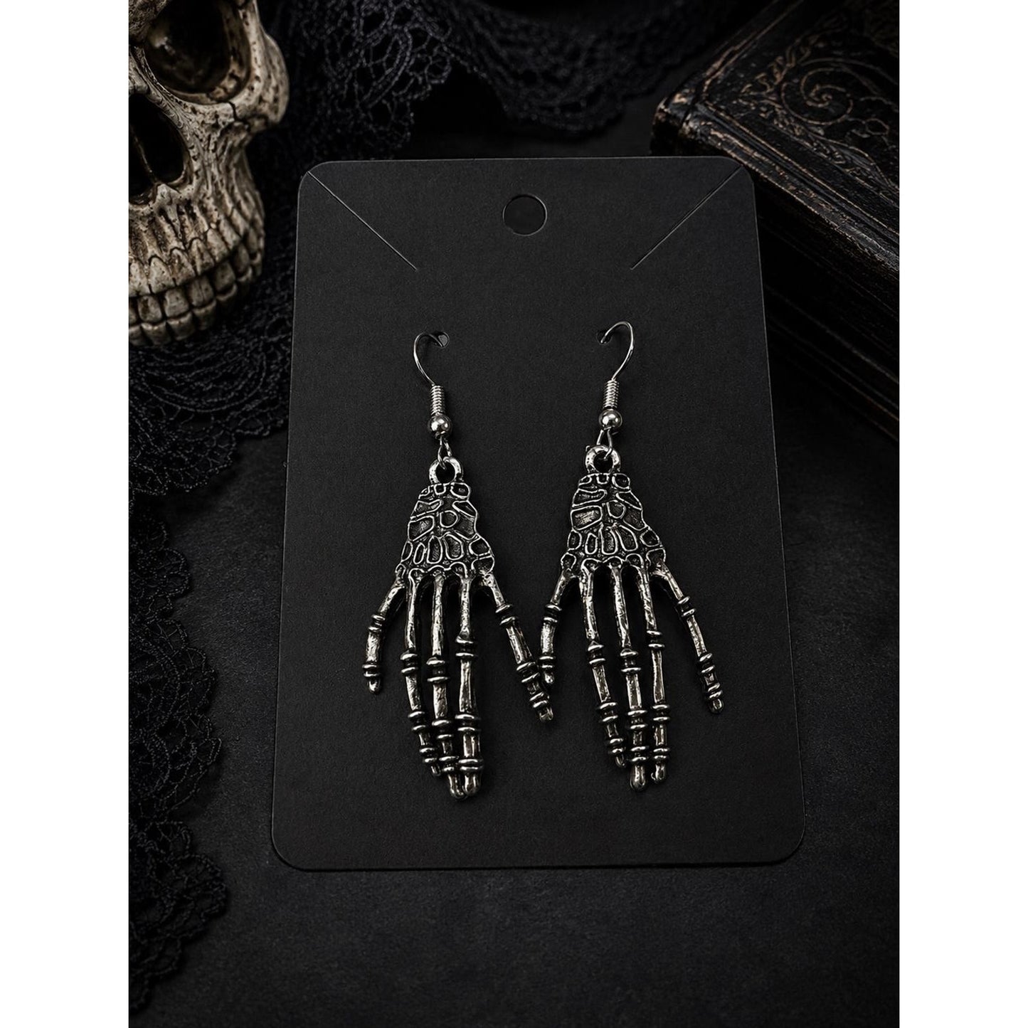Skeleton Hand Dangle Earrings Gothic Halloween Silver Tone Spooky Jewelry