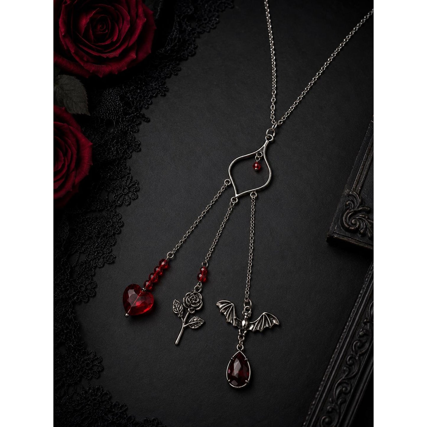 Handmade Gothic Triple Dangle Necklace | Silver Tone Heart Pendant with Bat, Rose & Red Crystal Charms | Dark Romantic Jewelry Gift