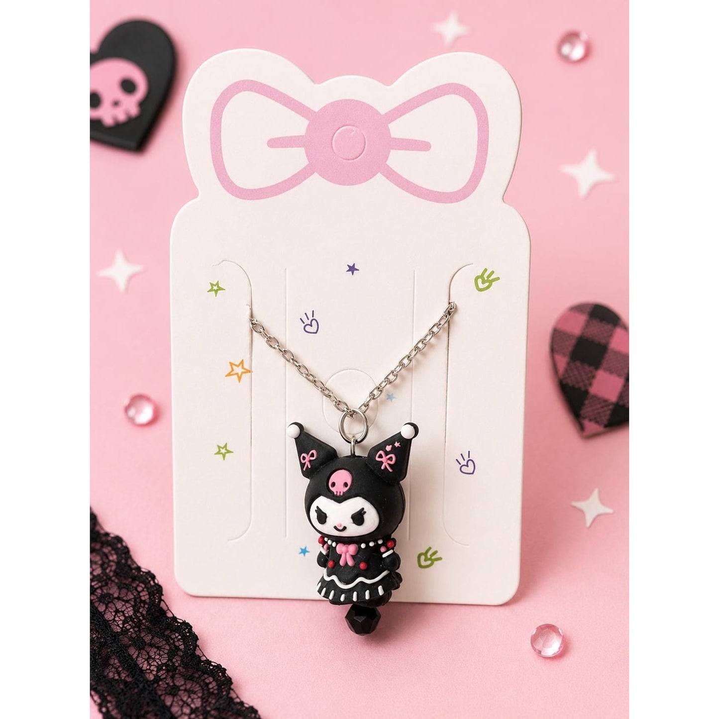 Kuromi Necklace | Kawaii Goth Pendant Necklace | Cute Sanrio Inspired Jewelry | 18” Chain | Pink & Black Kuromi Gift for Her