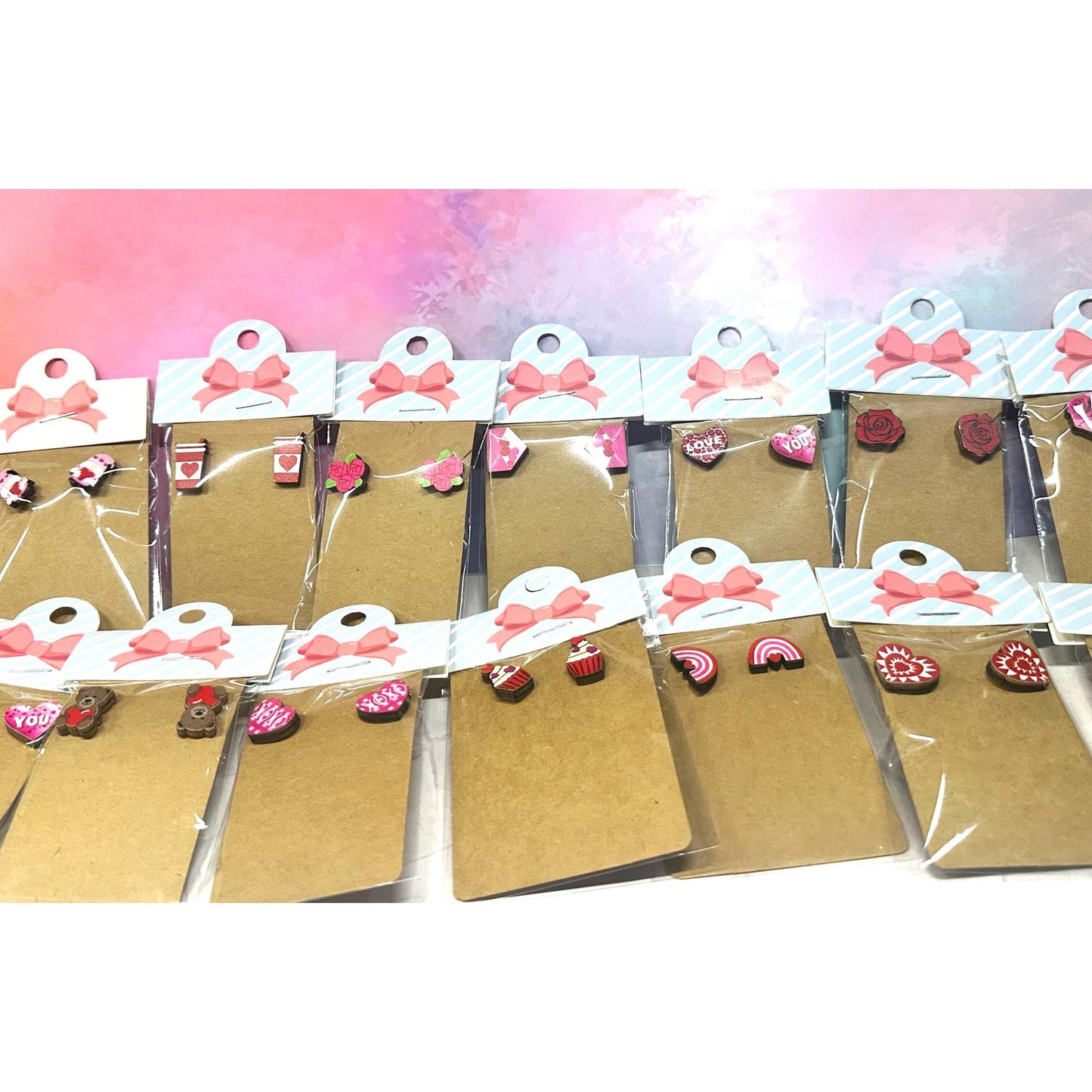 Valentine’s Wooden Stud Earrings Set – 7 Coordinated Pairs of Festive Studs