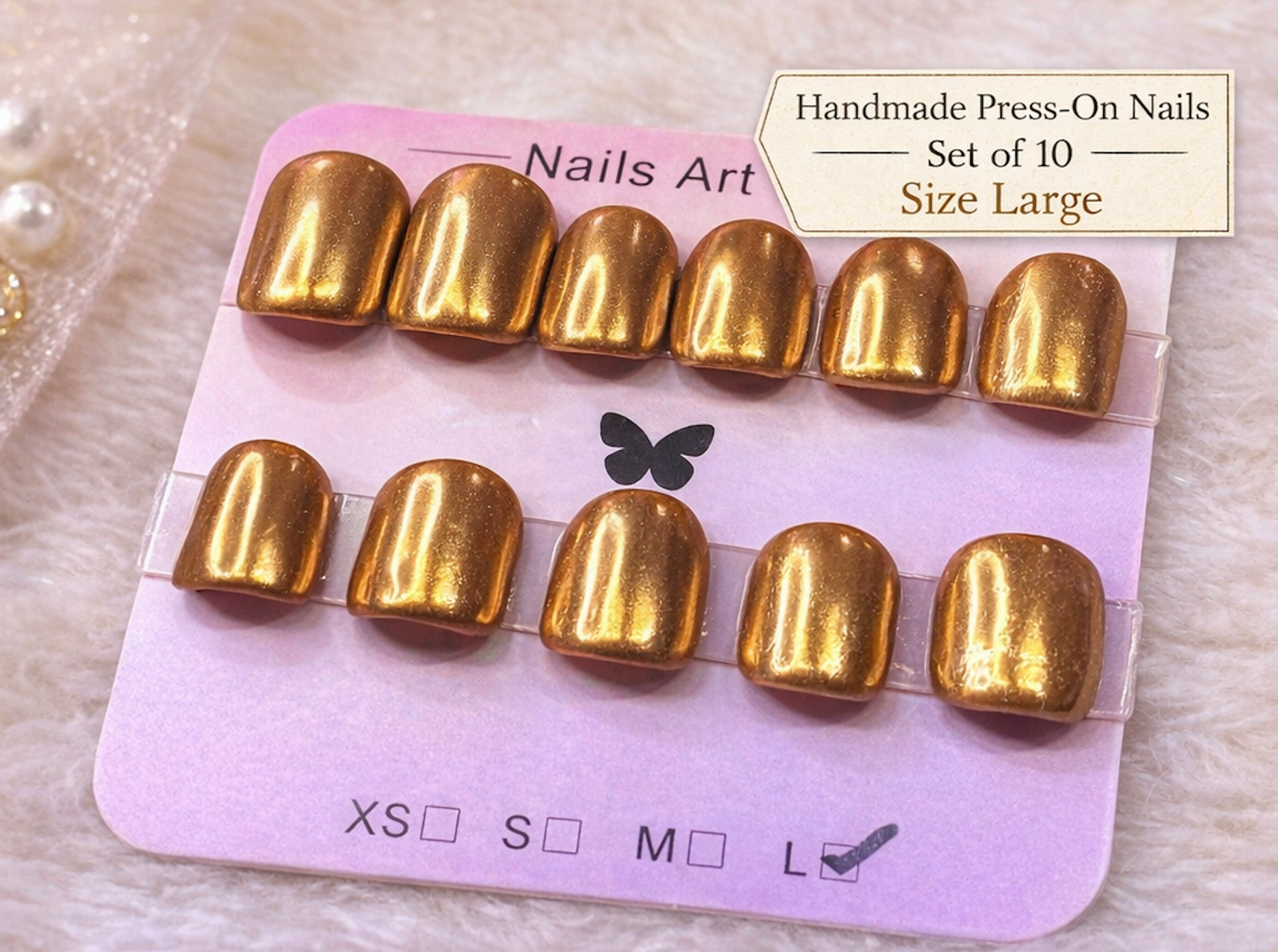 Handmade Gold Chrome Press On Nails – Set of 10 – Short Squoval – Size Large – Reusable