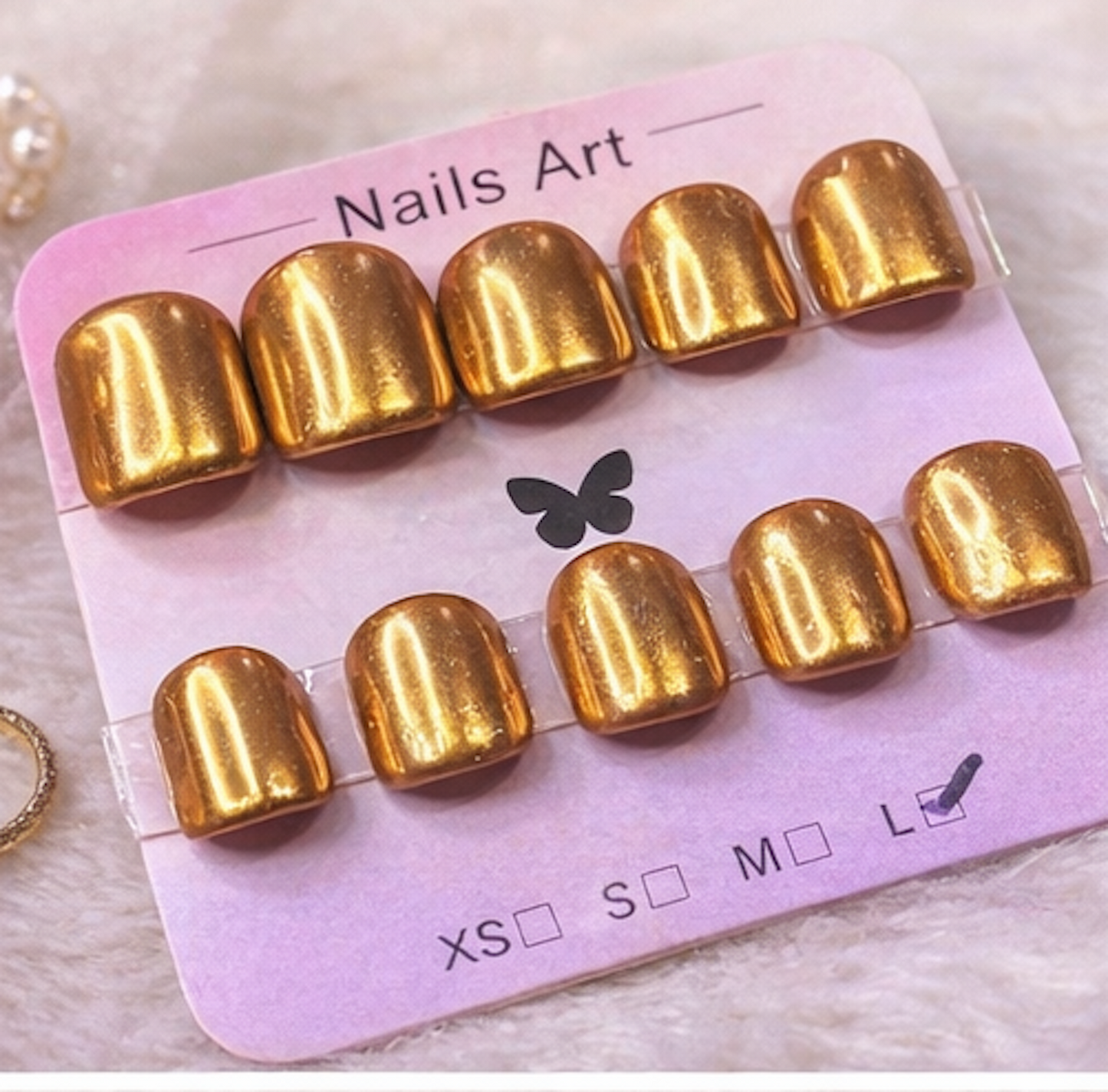 Handmade Gold Chrome Press On Nails – Set of 10 – Short Squoval – Size Large – Reusable