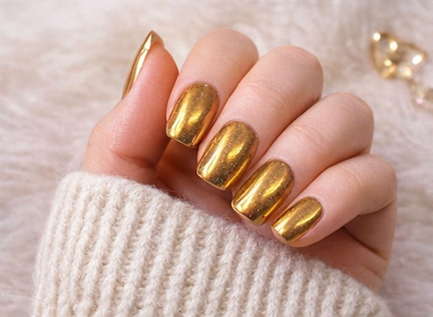 Handmade Gold Chrome Press On Nails – Set of 10 – Short Squoval – Size Large – Reusable