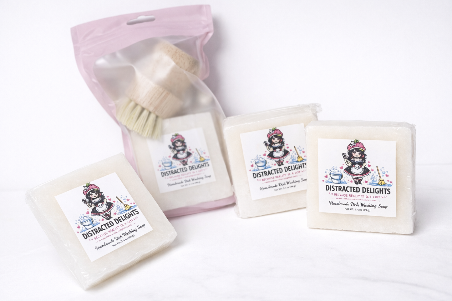 Dish Soap Bar & Bamboo Brush Set – Eco Friendly Solid Dish Soap for Grease Cutting Cleaning