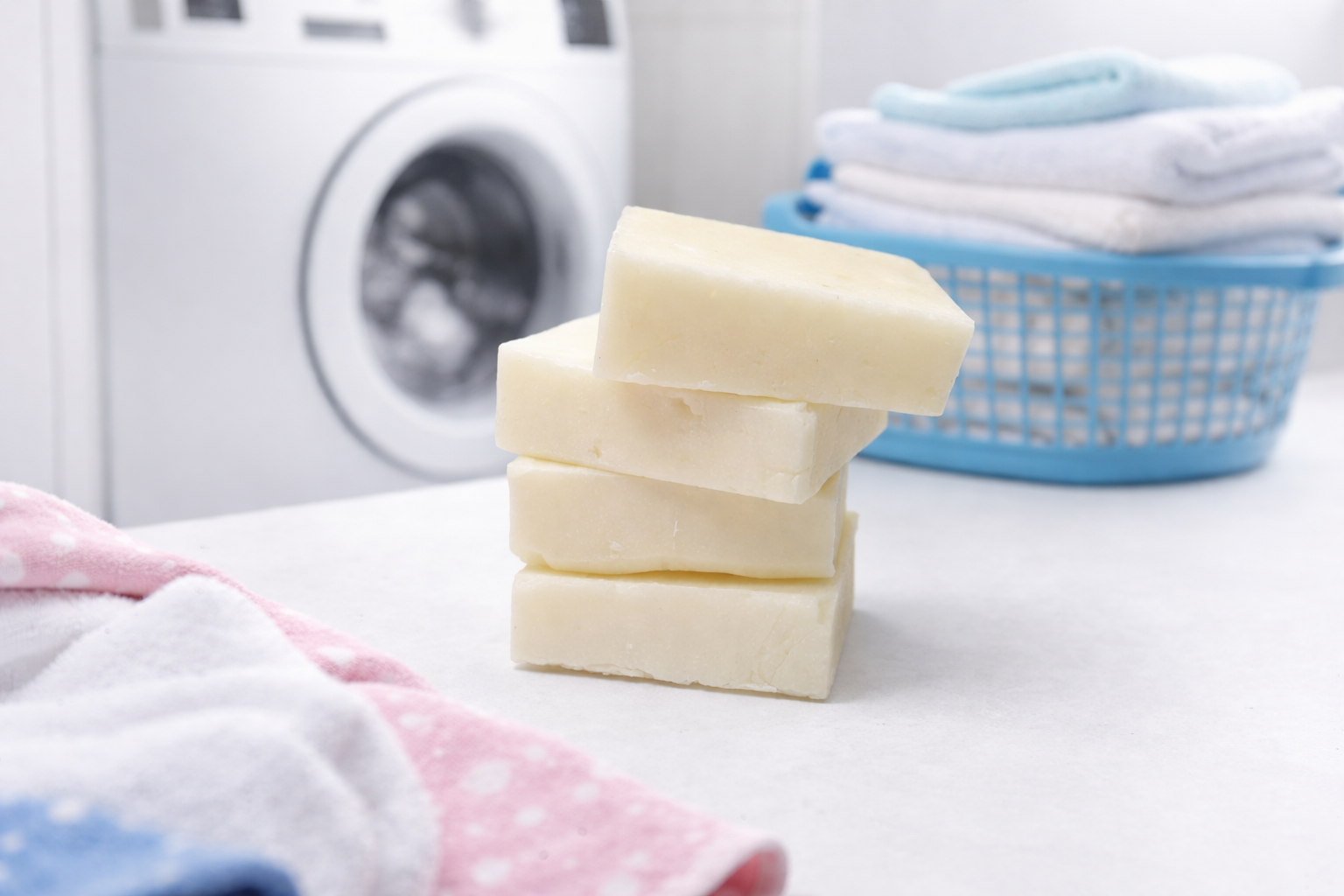 Handmade laundry soap bar styled with folded towels in a bright laundry room