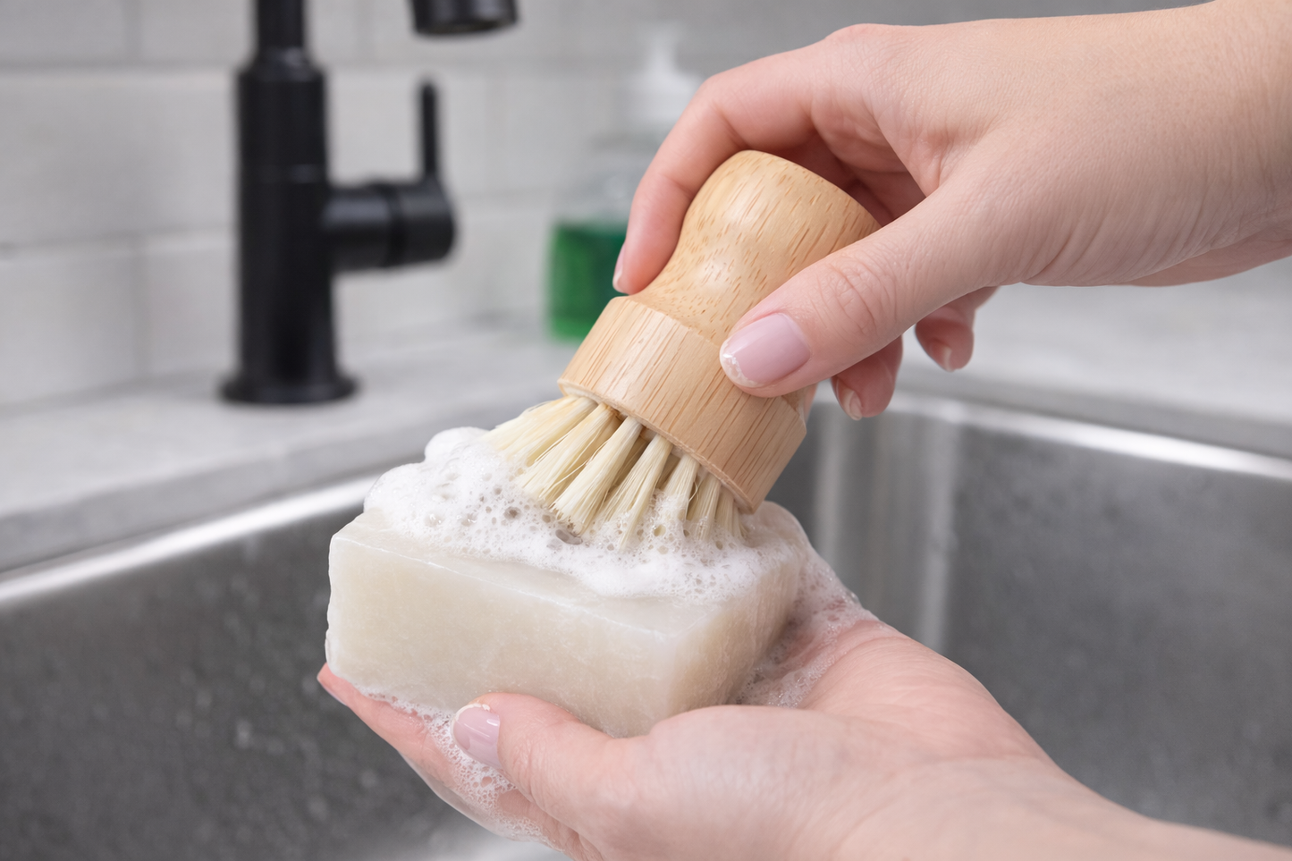 Dish Soap Bar & Bamboo Brush Set – Eco Friendly Solid Dish Soap for Grease Cutting Cleaning