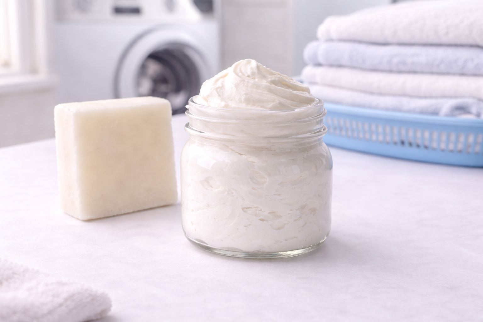 Whipped laundry soap made from a grated handmade detergent bar