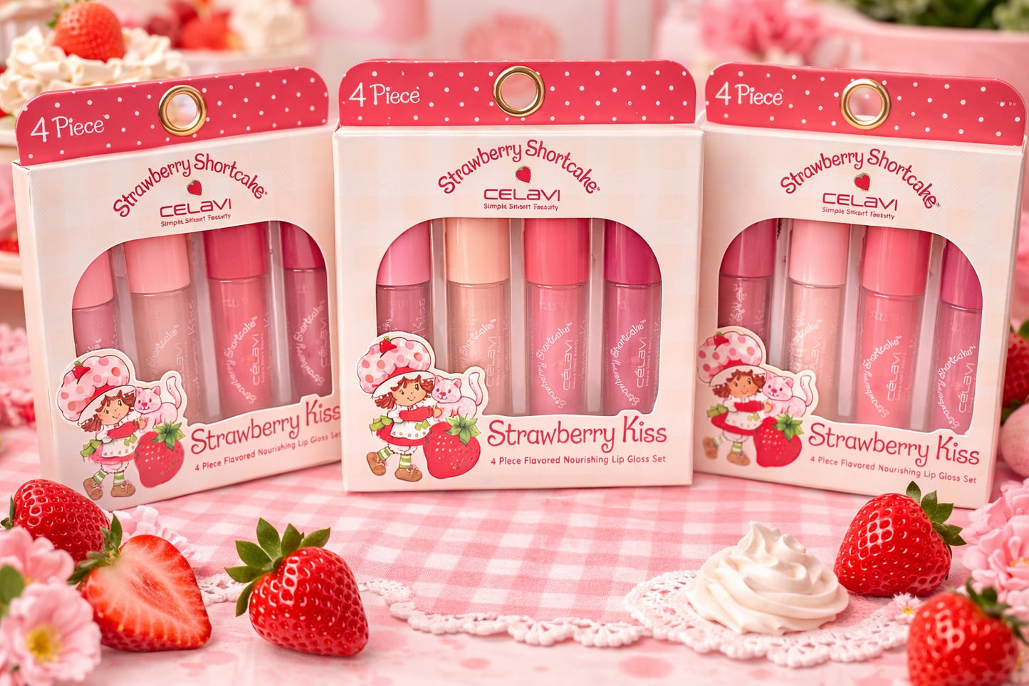 Strawberry Shortcake Strawberry Kiss Lip Gloss Set – 4 Piece Flavored Lip Gloss by Celavi (Strawberry, Peach, Raspberry, Grape) .14 oz Each