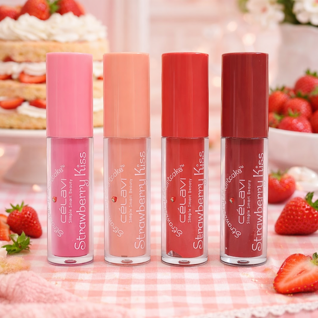 Strawberry Shortcake Strawberry Kiss Lip Gloss Set – 4 Piece Flavored Lip Gloss by Celavi (Strawberry, Peach, Raspberry, Grape) .14 oz Each
