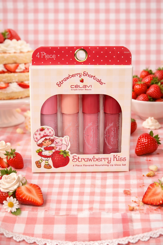 Strawberry Shortcake Strawberry Kiss Lip Gloss Set – 4 Piece Flavored Lip Gloss by Celavi (Strawberry, Peach, Raspberry, Grape) .14 oz Each