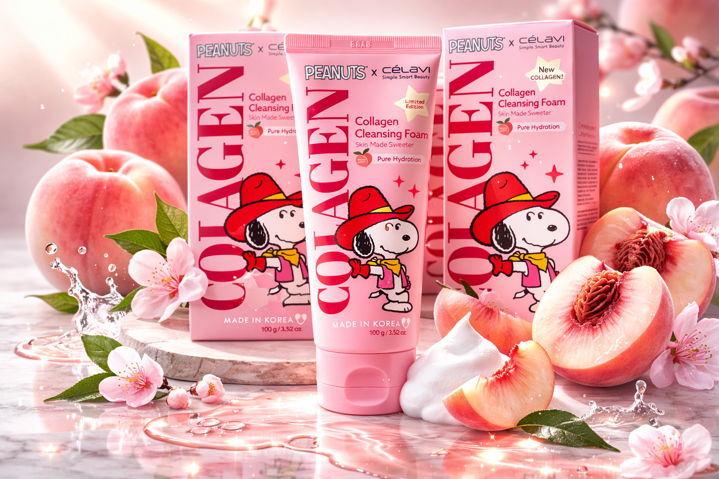 Peanuts x Célavi Snoopy Collagen Cleansing Foam – White Peach Hydrating Face Wash