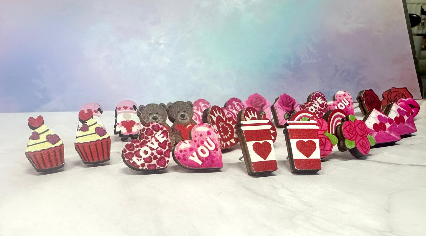 Valentine’s Day Mystery Earrings Set – 7 Pairs of Wooden Stud Earrings